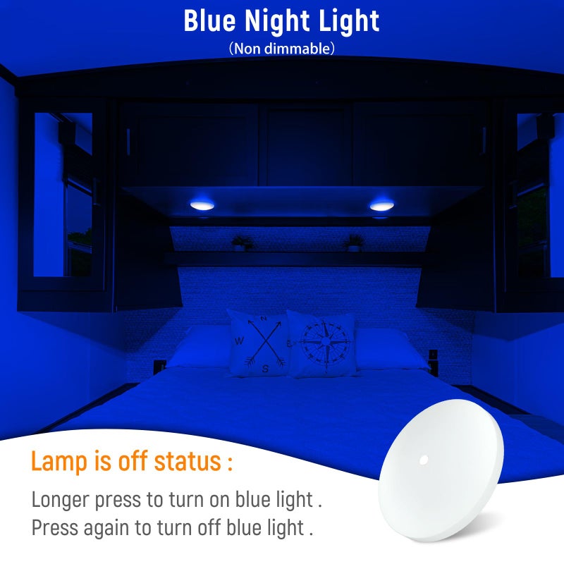 Obeaming 2 Pack RV Interior Ceiling Dome Light 4.5 Inch, Press Dimmer Switch & Blue Nightlight,12V Dimmable Puck Light for Motorhome Trailer Fifth Wheel Truck Coach Enclosed Trailer(4000K) - Image 3